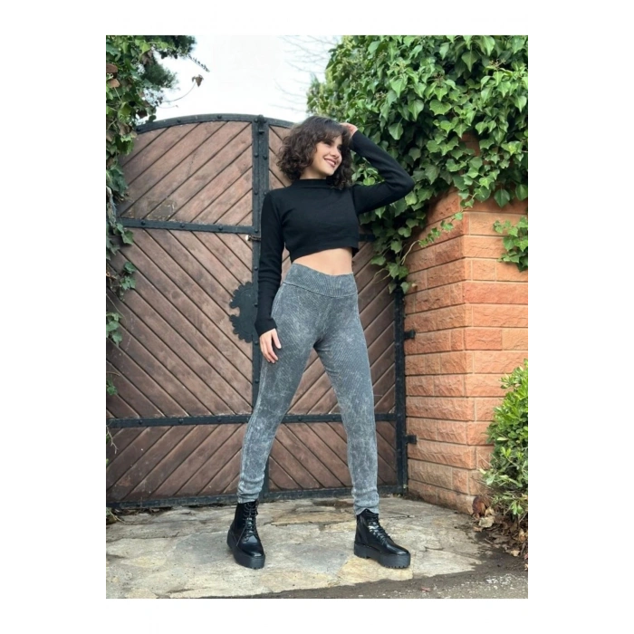 Kadın Yüksek Bel Yıkamalı Kaşkorse Kumaş Tayt