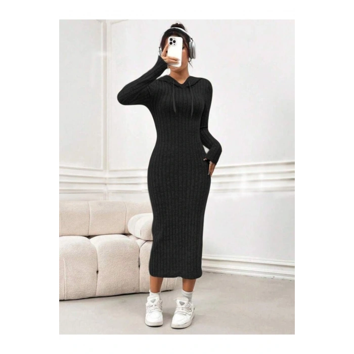 Kadın Kaşkorse Kumaş Kapüşonlu Maxi Boy Elbise