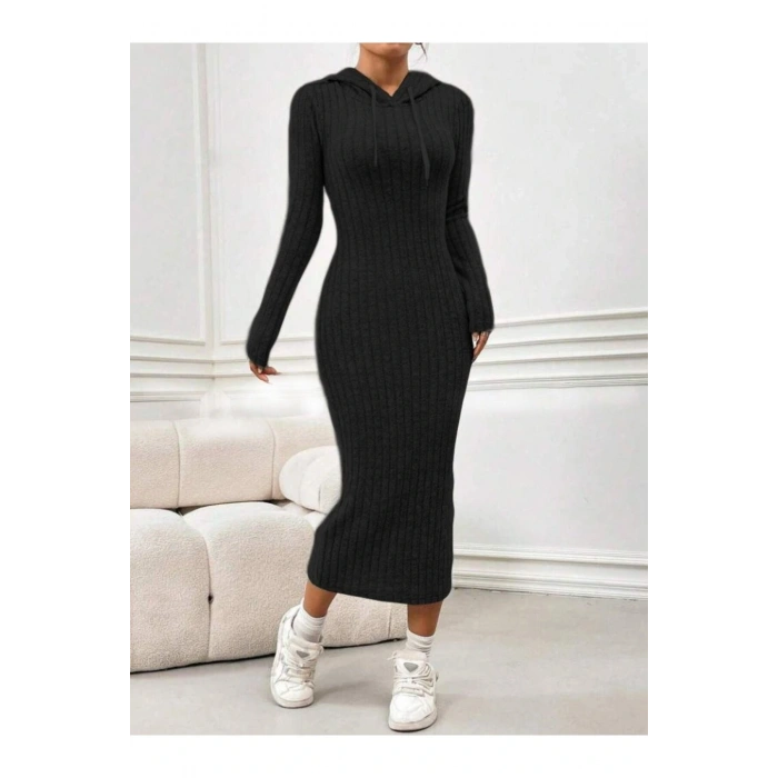 Kadın Kaşkorse Kumaş Kapüşonlu Maxi Boy Elbise