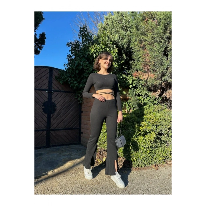 eyesof Kadın Paçası Yırtmaç Detaylı Taşlı Bel Bağlamalı Kaşkorse İkili Takım