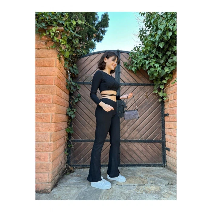 eyesof Kadın Paçası Yırtmaç Detaylı Taşlı Bel Bağlamalı Kaşkorse İkili Takım