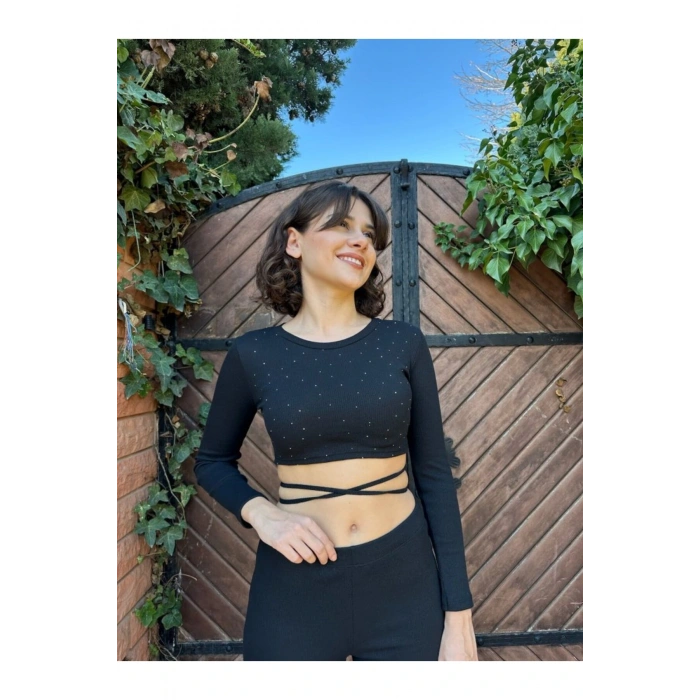 eyesof Kadın Paçası Yırtmaç Detaylı Taşlı Bel Bağlamalı Kaşkorse İkili Takım