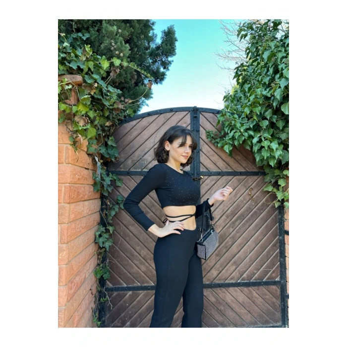 eyesof Kadın Paçası Yırtmaç Detaylı Taşlı Bel Bağlamalı Kaşkorse İkili Takım