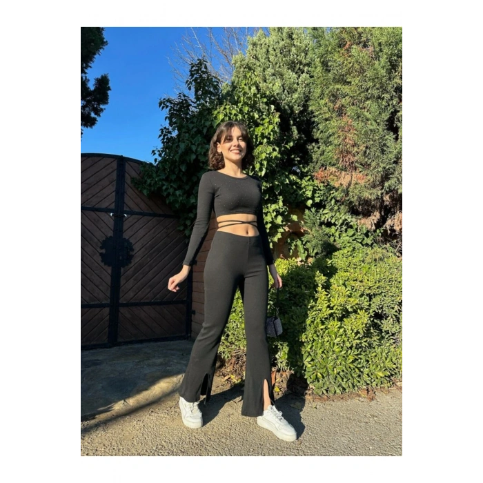 eyesof Kadın Paçası Yırtmaç Detaylı Taşlı Bel Bağlamalı Kaşkorse İkili Takım