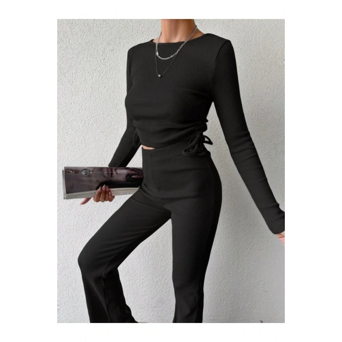 Kadın Uzun Kollu Bisiklet Yaka Yanları Asansör Büzgü Detay Bluz Ve Yüksek Bel Kaşkorse Kumaş Pa