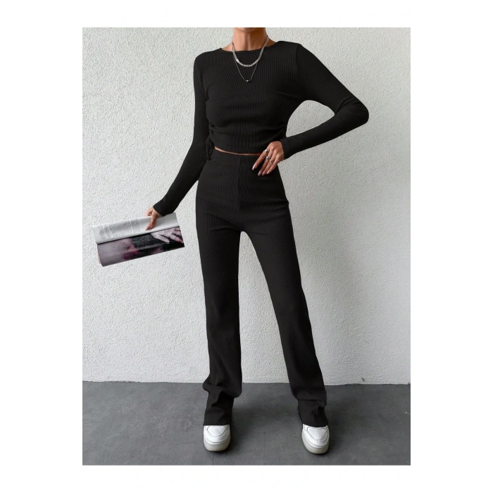 Himenisa Kadın Yandan Ipli Crop Bluz Kaşkorse Pantolon Triko Alt-üst Takım