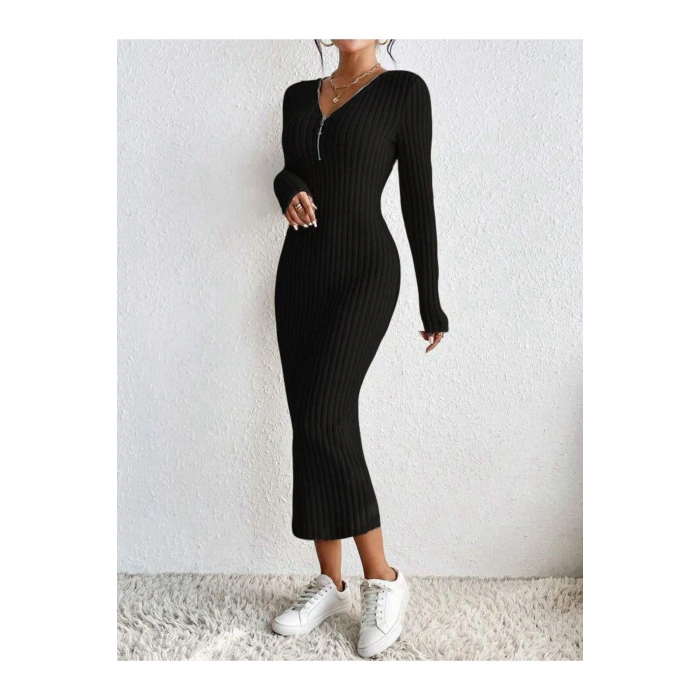 Kadın Siyah Fitilli Oversize Triko Elbise