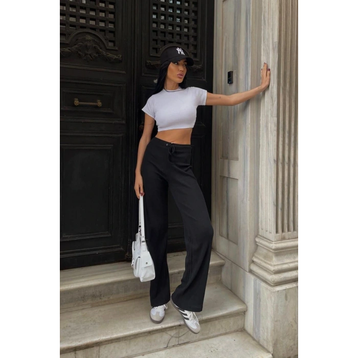 İspanyol Paça Fitilli Bağcıklı Pantolon Siyah