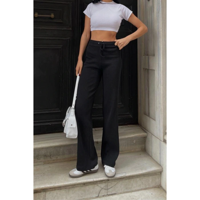 İspanyol Paça Fitilli Bağcıklı Pantolon Siyah