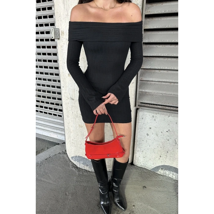 MADONNA YAKA ŞARDONLU TRİKO KISA ELBİSE