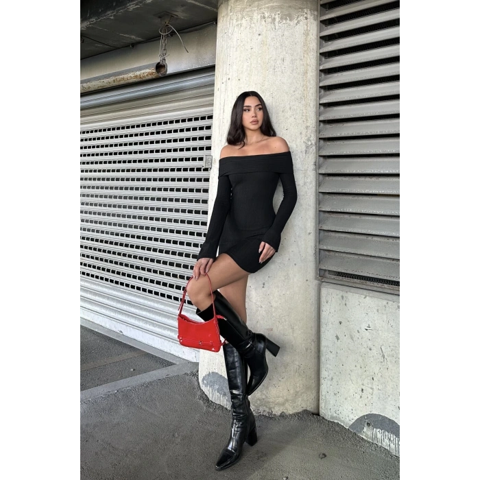 MADONNA YAKA ŞARDONLU TRİKO KISA ELBİSE