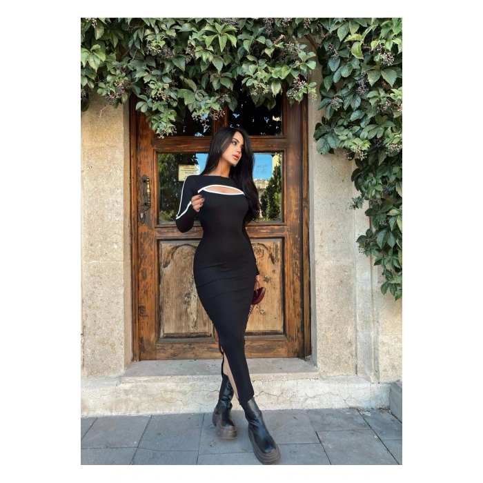 Siyah Yaka Pencereli Uzun Kaşkorse Elbise