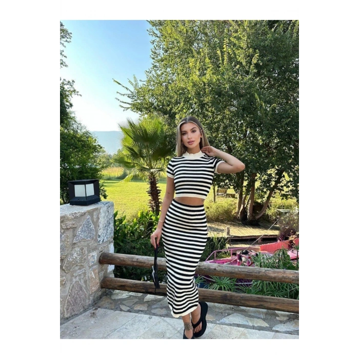 Siyah Beyaz Çizgili Crop Etek Takım