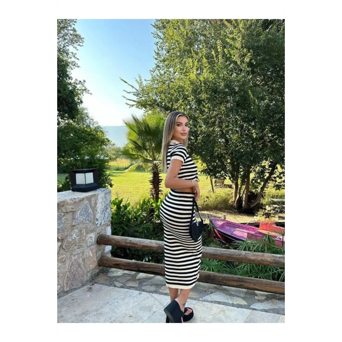 Siyah Beyaz Çizgili Crop Etek Takım