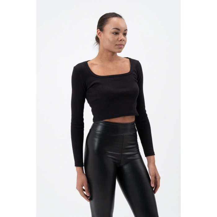 Kadın Siyah Uzun Kollu Kare Yaka Fitilli Bluz