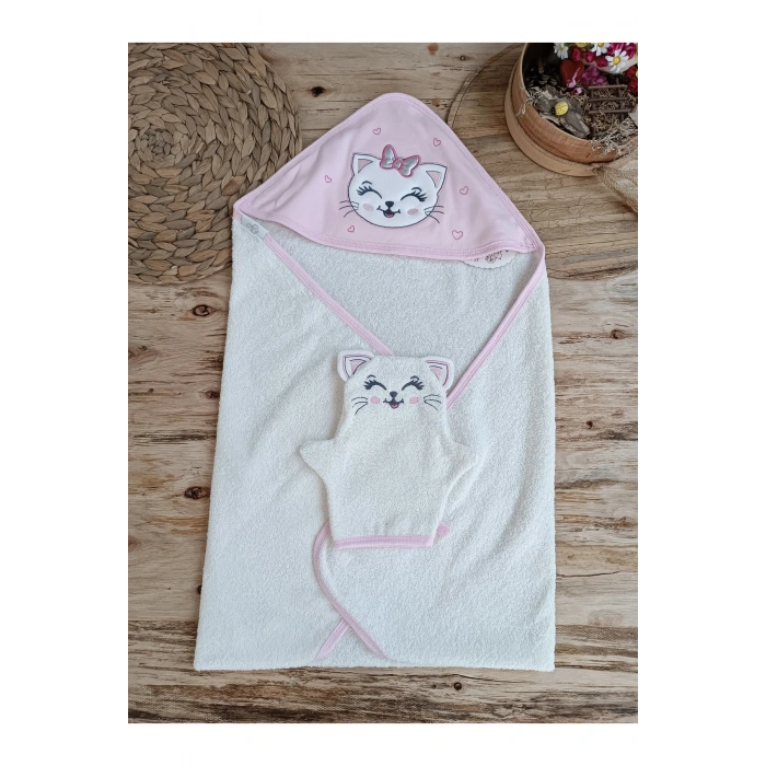 Kedi Nakışlı & Başlıklı Bebek Banyo Havlusu - Yumuşak & Su Emici Bebek Havlusu - %100 Pamuklu