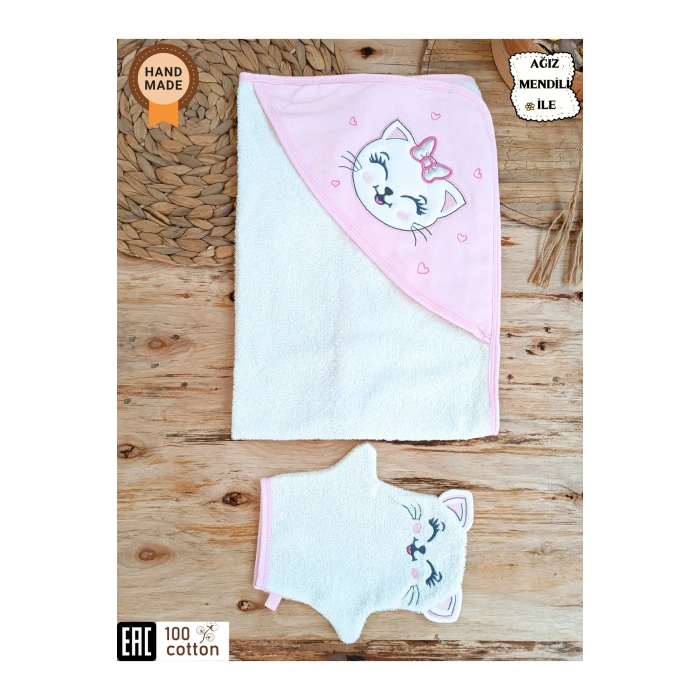 Kedi Nakışlı & Başlıklı Bebek Banyo Havlusu - Yumuşak & Su Emici Bebek Havlusu - %100 Pamuklu