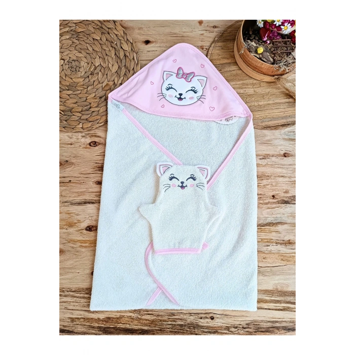 Kedi Nakışlı & Başlıklı Bebek Banyo Havlusu - Yumuşak & Su Emici Bebek Havlusu - %100 Pamuklu