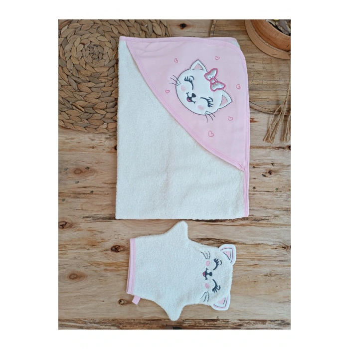Kedi Nakışlı & Başlıklı Bebek Banyo Havlusu - Yumuşak & Su Emici Bebek Havlusu - %100 Pamuklu