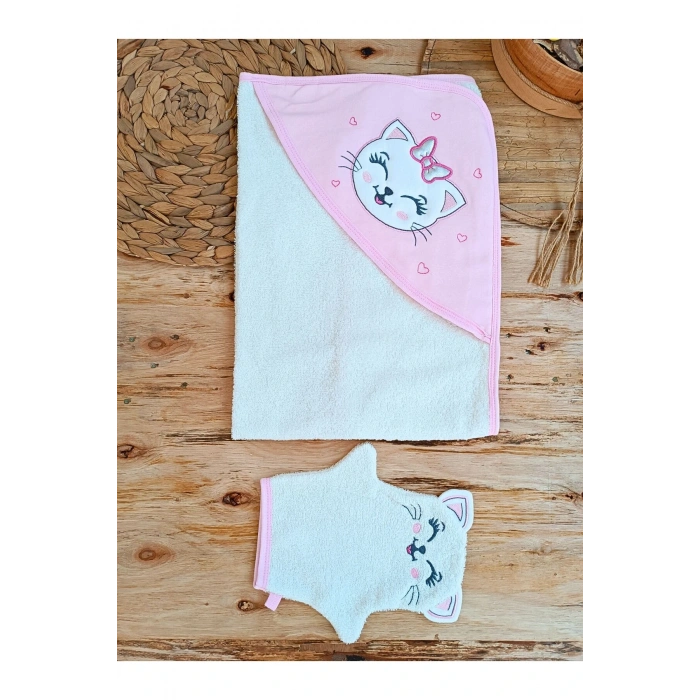 Kedi Nakışlı & Başlıklı Bebek Banyo Havlusu - Yumuşak & Su Emici Bebek Havlusu - %100 Pamuklu