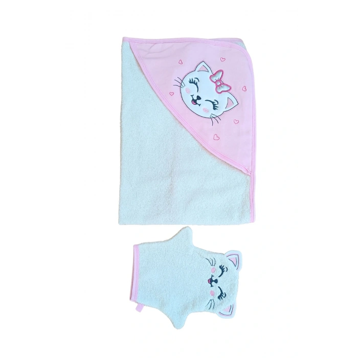Kedi Nakışlı & Başlıklı Bebek Banyo Havlusu - Yumuşak & Su Emici Bebek Havlusu - %100 Pamuklu