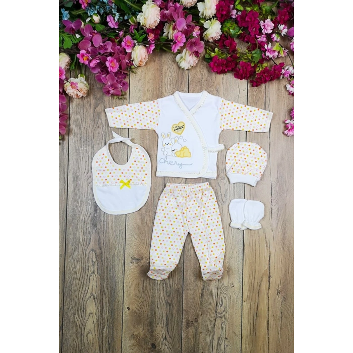 Bombino Tavşan Nakışlı 5 Parça Hastane Çıkışı Zıbın Set