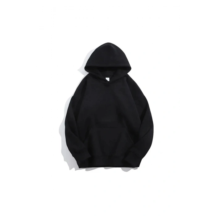 3 İplik Şardonlu Baskısız Kanguru Cepli Kapüşonlu Sweatshirt Hoodie