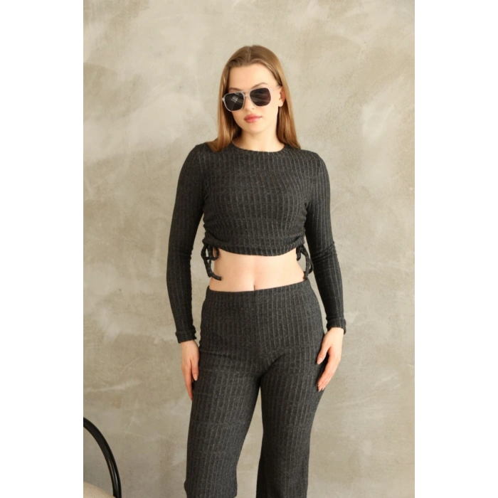 Kadın Fitilli Büzgülü Bağlama Detaylı Crop Pantolon Takım