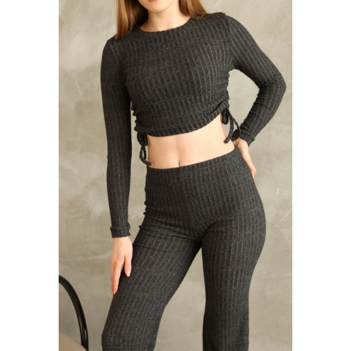 Kadın Fitilli Büzgülü Bağlama Detaylı Crop Pantolon Takım