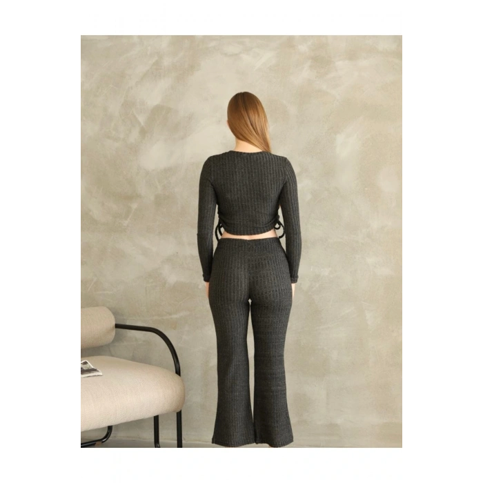 Kadın Fitilli Büzgülü Bağlama Detaylı Crop Pantolon Takım