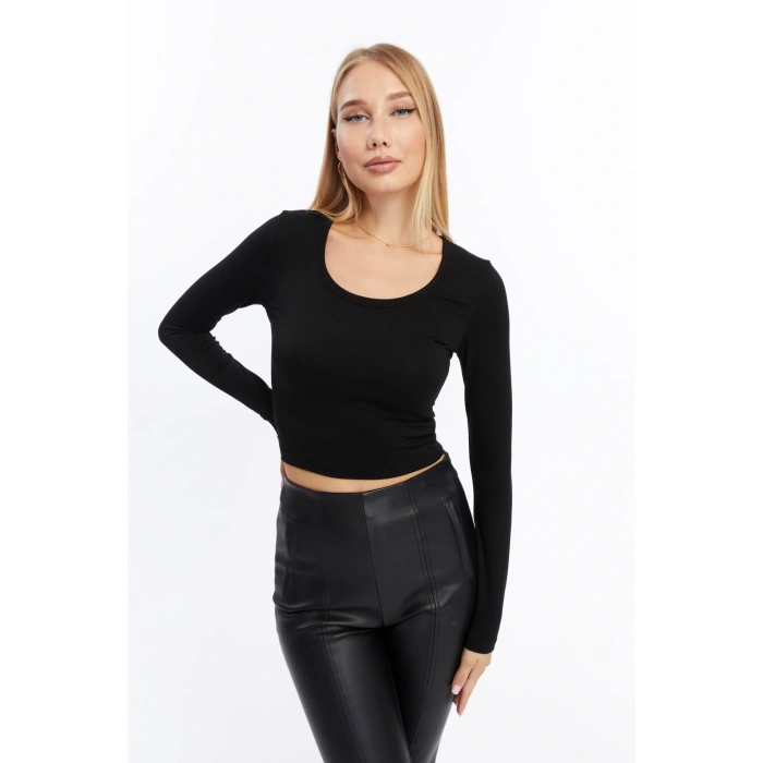 Kadın Siyah Bisiklet Yaka Uzun Kollu Crop Bluz