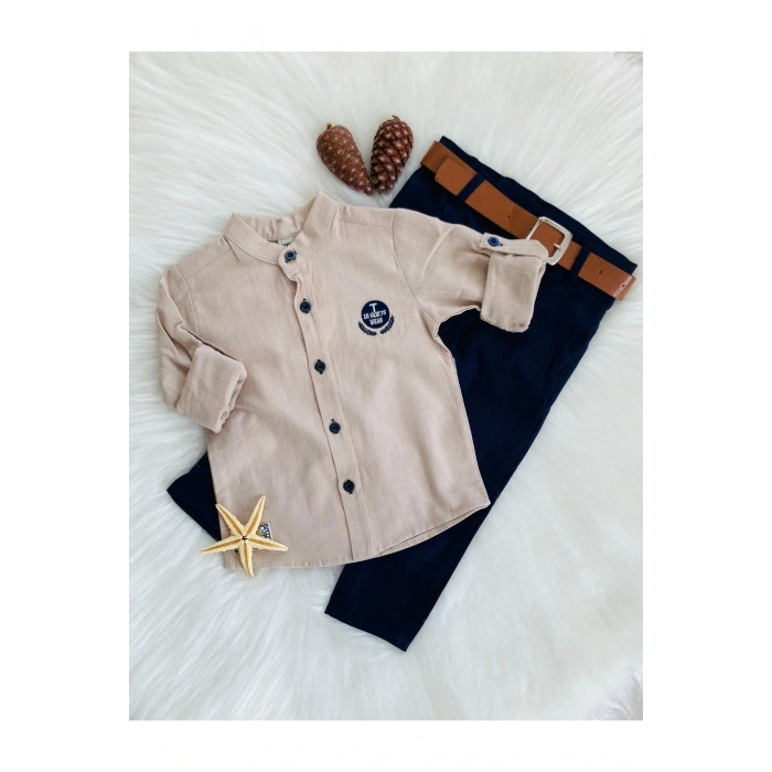 Hakim Yaka Keten Gömlek Ve Kemerli Pantolon Erkek Çocuk Takım