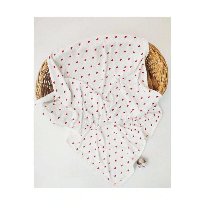 (ÇİFT KATLI) Kırmızı Kalpli Organic %100 Pamuklu Bebek Battaniye