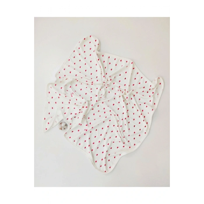 (ÇİFT KATLI) Kırmızı Kalpli Organic %100 Pamuklu Bebek Battaniye