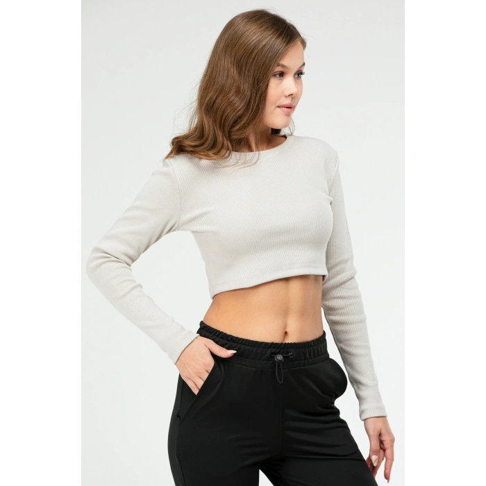 Bej Slim Fit Pamuklu O Yaka Crop Top Kaşkorse Kadın Tişört Sf0760