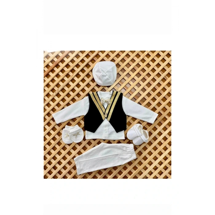 Erkek Bebek Takımı Mevlütlük Şapka Yelek Papyon Patik Pantalonlu 0-6 Aylık Yenidoğan Hediyelik