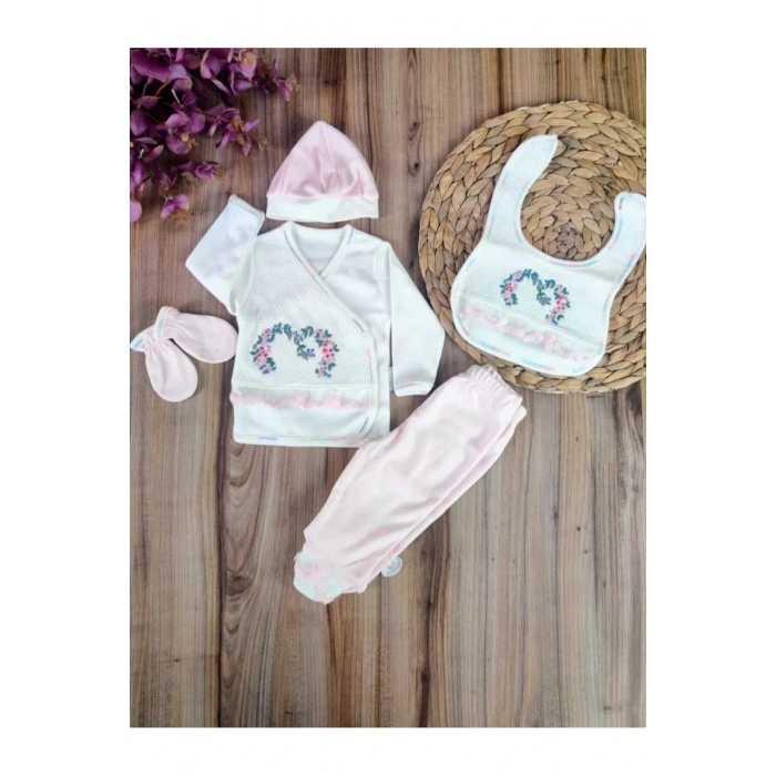 Yenidoğan 5li Hastane Çıkışı %100 Pamuklu Özel Tasarım Nakışlı Mevsimlik Kız Bebek Pembe Hediyelik