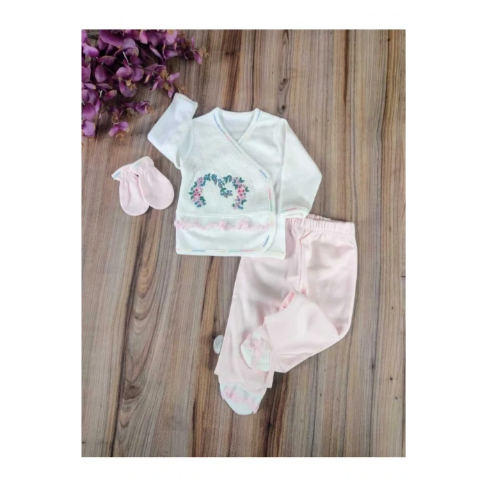 Yenidoğan 5li Hastane Çıkışı %100 Pamuklu Özel Tasarım Nakışlı Mevsimlik Kız Bebek Pembe Hediyelik