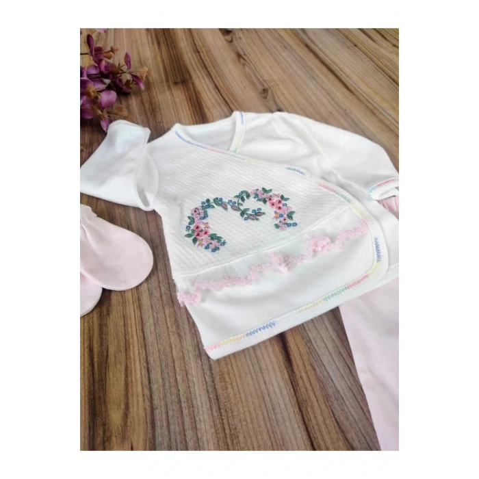 Yenidoğan 5li Hastane Çıkışı %100 Pamuklu Özel Tasarım Nakışlı Mevsimlik Kız Bebek Pembe Hediyelik