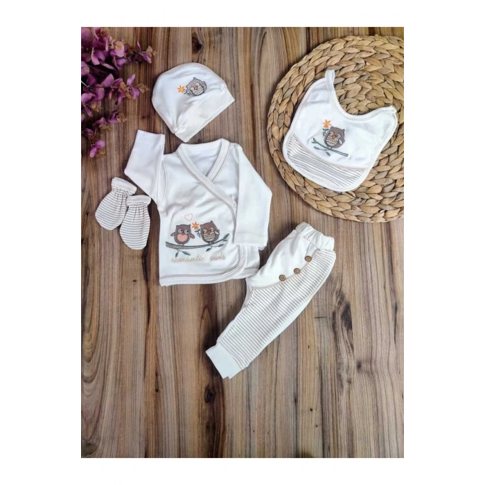 Yenidoğan 5li Hastane Çıkışı % 100 Pamuk Özel Tasarım Nakışlı Unisex Kahverengi Mevsimlik Hediyelik