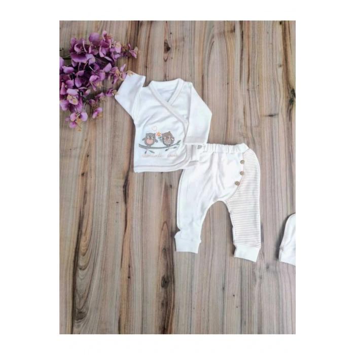 Yenidoğan 5li Hastane Çıkışı % 100 Pamuk Özel Tasarım Nakışlı Unisex Kahverengi Mevsimlik Hediyelik