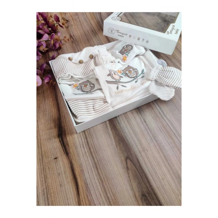 Yenidoğan 5li Hastane Çıkışı % 100 Pamuk Özel Tasarım Nakışlı Unisex Kahverengi Mevsimlik Hediyelik