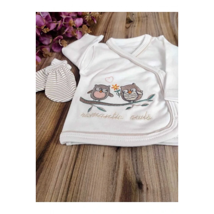 Yenidoğan 5li Hastane Çıkışı % 100 Pamuk Özel Tasarım Nakışlı Unisex Kahverengi Mevsimlik Hediyelik