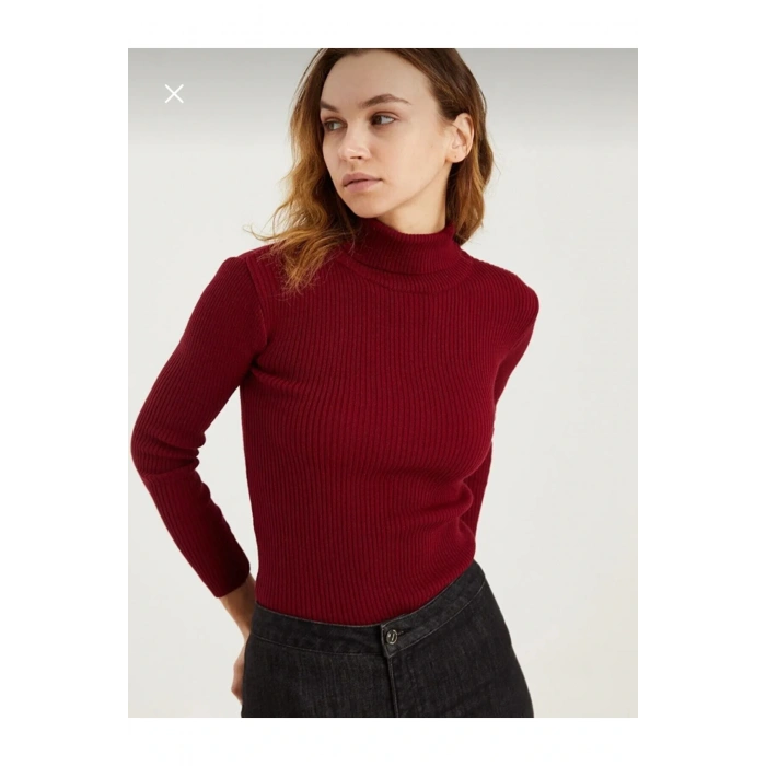 Unisex Bordo Pamuklu Kumaş Balıkçı Yaka Şardonlu Slimfit Boğazlı Kazak