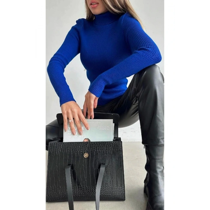 Kadın Mavi Pamuklu Balıkçı Yaka Şardonlu Slimfit Boğazlı Kazak Fitilli Bady