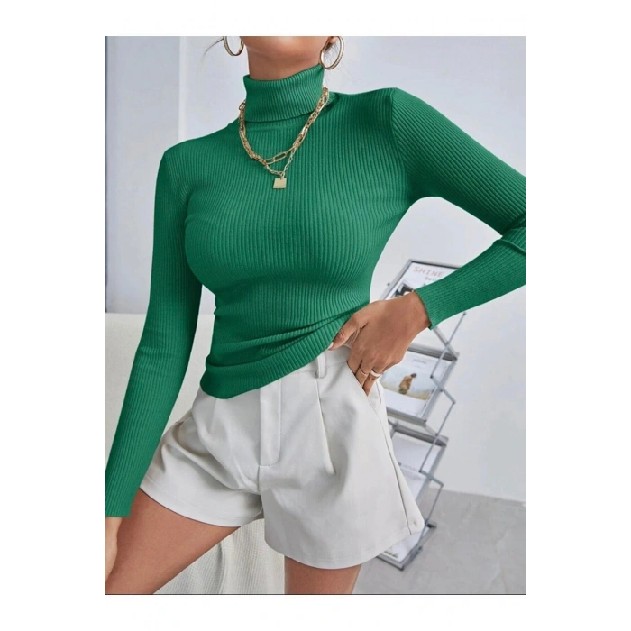 Kadın Pamuklu Balıkçı Yaka Şardonlu Slimfit Boğazlı Kazak Fitilli Bady