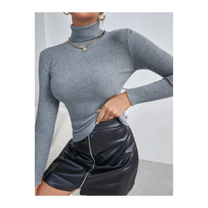 Kadın Gri Pamuklu Balıkçı Yaka Şardonlu Slimfit Boğazlı Kazak Fitilli Bady