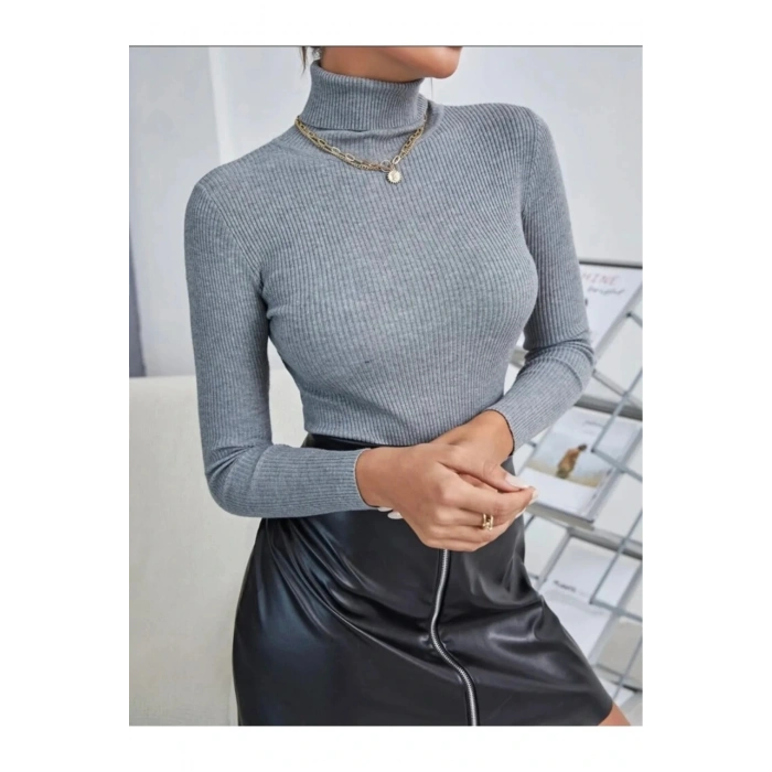 Kadın Gri Pamuklu Balıkçı Yaka Şardonlu Slimfit Boğazlı Kazak Fitilli Bady