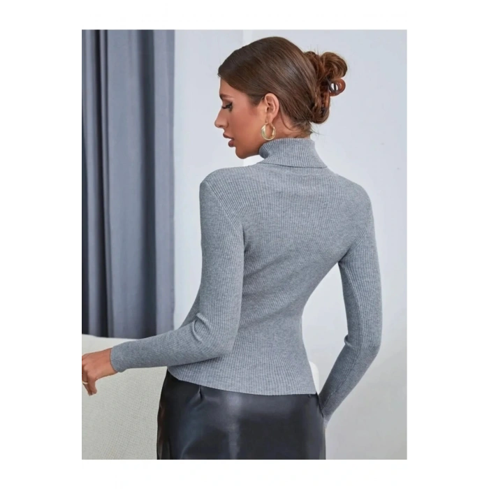 Kadın Gri Pamuklu Balıkçı Yaka Şardonlu Slimfit Boğazlı Kazak Fitilli Bady