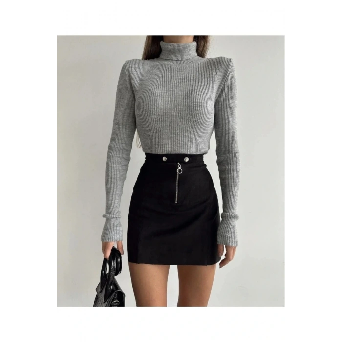 Kadın Gri Pamuklu Balıkçı Yaka Şardonlu Slimfit Boğazlı Kazak Fitilli Bady